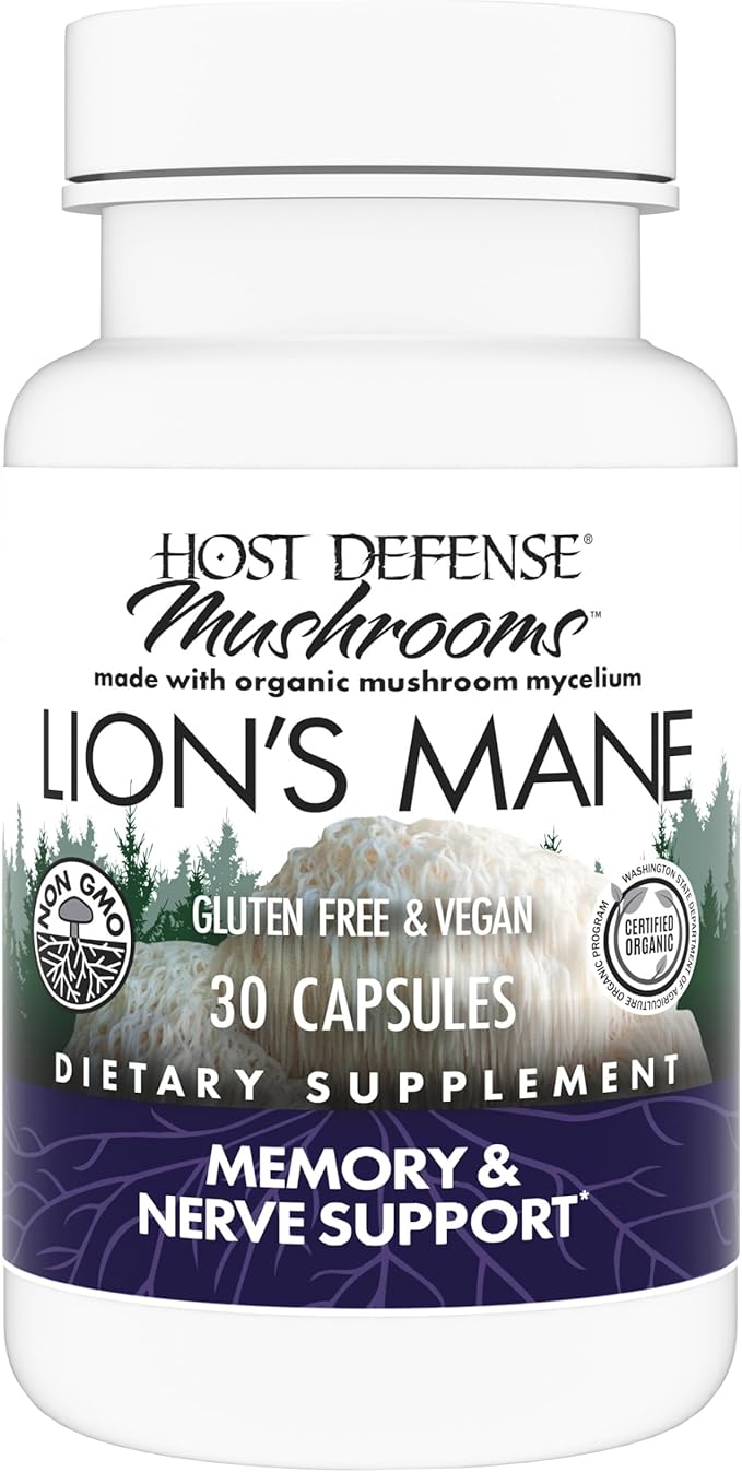 Host Defense Mushrooms Lion's Mane - Brain Health Support Supplement for Focus & Memory Function - Immune & Nervous System Support Supplement- 30 Capsules