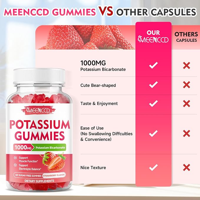 Potassium Gummies, Potassium Bicarbonate Supplement for Adults & Kids, Potassium Supplement for Electrolyte Balance & Muscle Heath, Sugar-Free, Strawberry Flavor, 60 Count