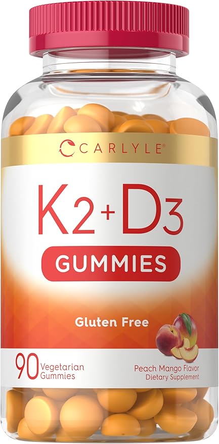 Carlyle Vitamin D3 K2 Gummies | 90 Count | 5,000 IU of D3 + 50 mcg MK7 | Peach Mango Flavor | Vegetarian, Non-GMO, and Gluten Free Supplement