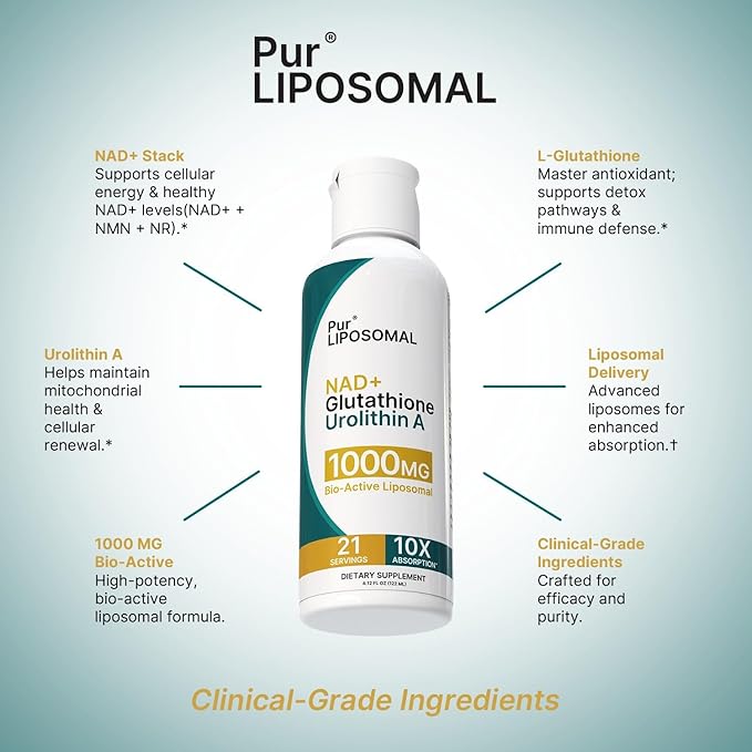 NAD+ Glutathione Urolithin A 1000mg Liquid - Max Absorption NAD+ Stack with NMN & NR for Cellular Energy - L-Glutathione for Detox & Urolithin A for Anti-Aging - 21 Servings