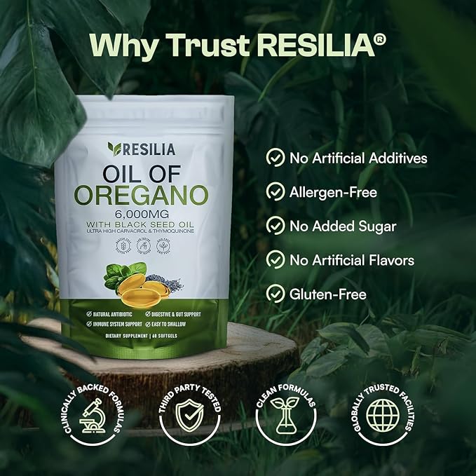 Resilia Oil Of Oregano Softgels with Black Seed Oil 6000mg – Organic Oregano Oil Capsules for Immune & Digestive Support – Non-GMO, Gluten-Free Softgels – 180 Count (Pack of 3)