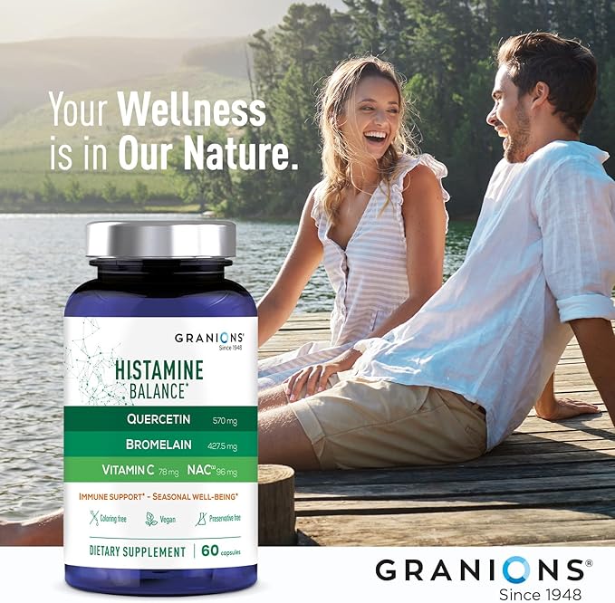 Granions Histamine Balance Complex - Quercetin with Bromelain, NAC and Vitamin C - D-Hist Seasonal Histamine Blocker & Immune Support Supplement for Adults and Children - 60 Vegan Capsules