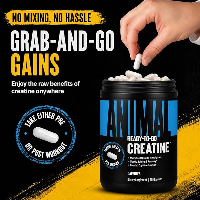 Animal Micronized Creatine Monohydrate Capsules - 300 Caps, 2500mg per Serving to Support Muscle Growth, Endurance, ATP Production, Cognitive Function, Strength, Recovery, and Delay Muscle Fatigue