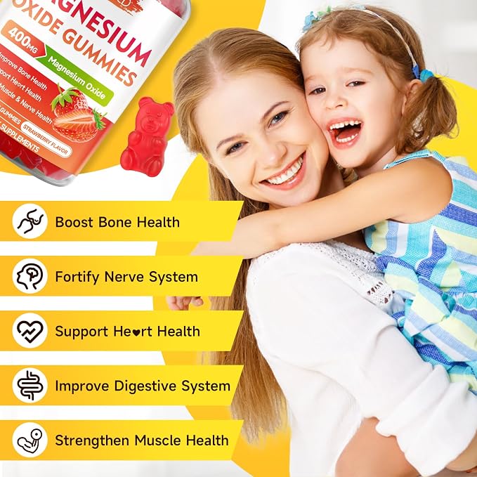 Magnesium Oxide Gummies 400mg, Chewable Magnesium Oxide Supplement for Adults & Kids, Muscle Function Support, Non-GMO, Sugar-Free, Strawberry Flavor, 60 Count