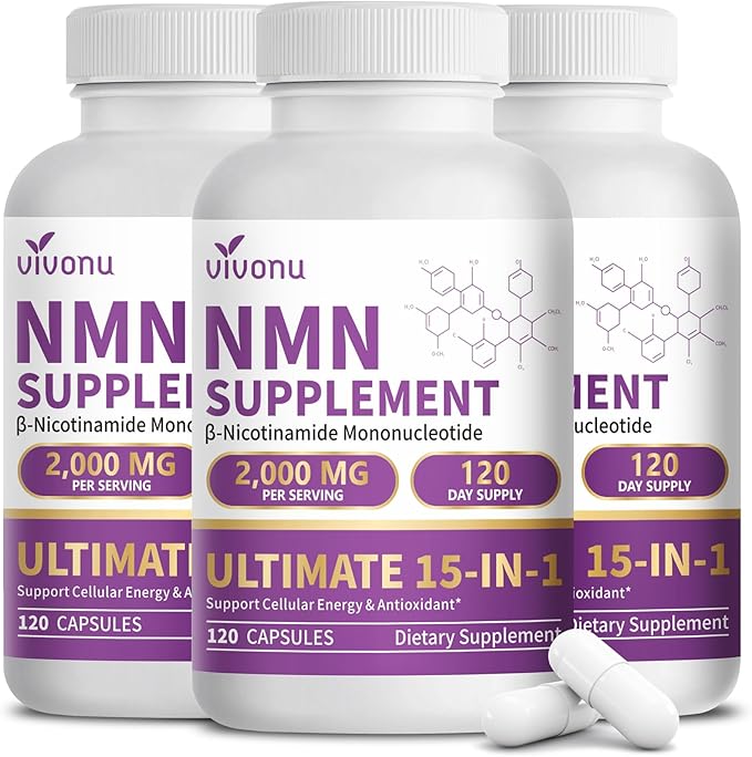 VivoNu 15-in-1 Liposomal NMN Supplement, 2000mg per* Serving* (3 Bottles | 360 Capsules)