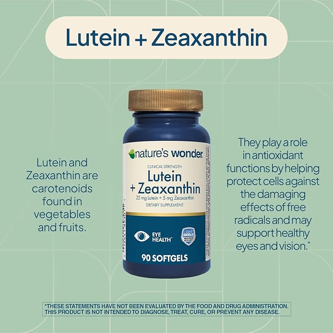 Nature's Wonder Clinical Strength Lutein 25 mg with Zeaxanthin 5 mg softgels for Adults, Supports Vision & Eye Health, Gluten Free, No Artificial Colors 90 Days Supply