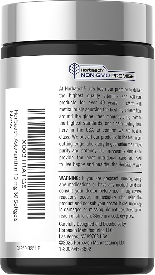 Horbäach Astaxanthin Supplements | 10mg | 60 Softgels | Algae Derived Formula | Non-GMO, Gluten Free