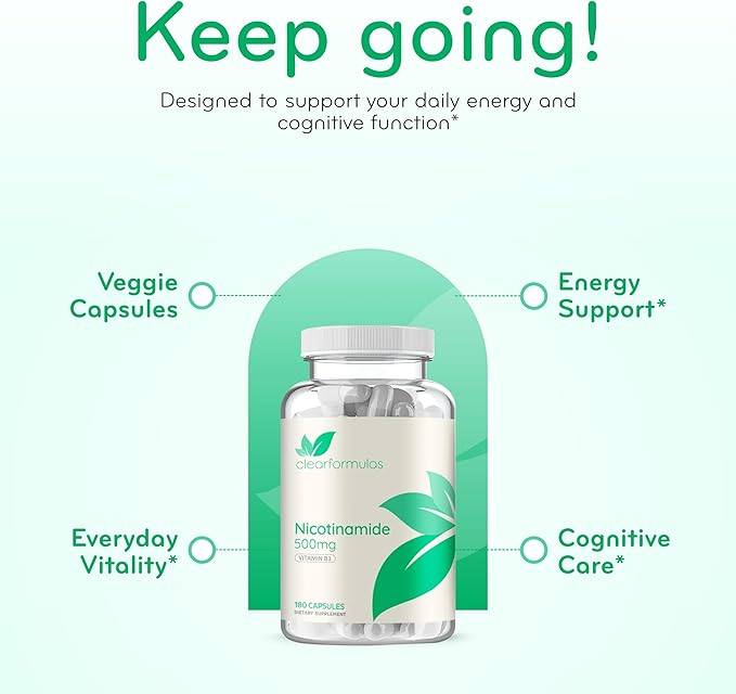 Vitamin B3 Nicotinamide 500mg - High Absorption Form of Vitamin B3 Niacin Flush Free for Hear Skin Brain and Energy Support - NAD Precursor - Made in a cGMP American Facility (180 Servings)