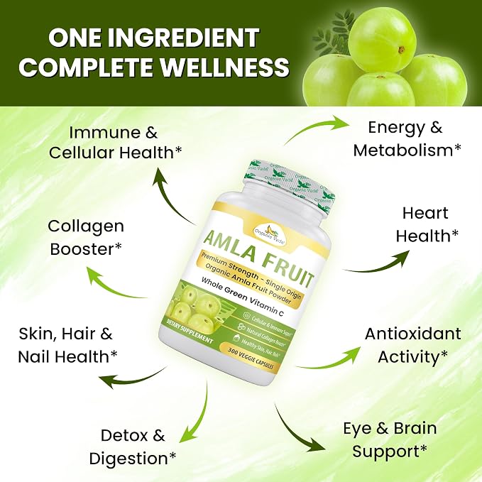 Organic Veda Amla Capsules - 1500mg, 300 Capsules - Natural Vitamin C Supplement with Antioxidants, Polyphenol for Immunity, Skin Glow & Hair Growth - Single Origin Premium Organic Amla Fruit Powder