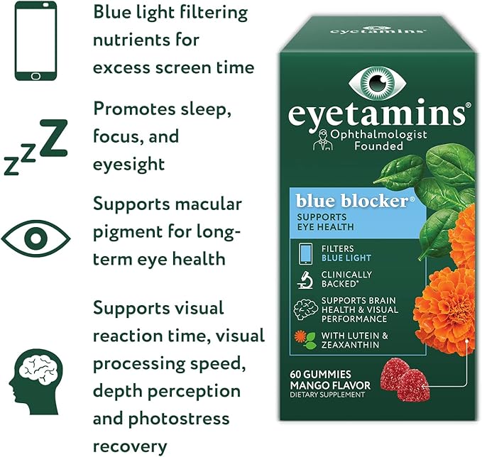 eyetamins Blue Blocker® Eye Health - 60 Lutein Gummies - Ophthalmologist-Developed - Support Vision, Filter Blue Light & Help Eye Strain - Promotes Sleep, Focus Eyesight – Vegan & Non-GMO Formula