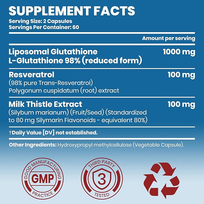 Liposomal Glutathione 1000mg, with Resveratrol & Milk Thistle | High Absorption Reduced Glutathione liposomal Supplement | 120 Vegan Capsules for Skin Health, Immune & Liver Support