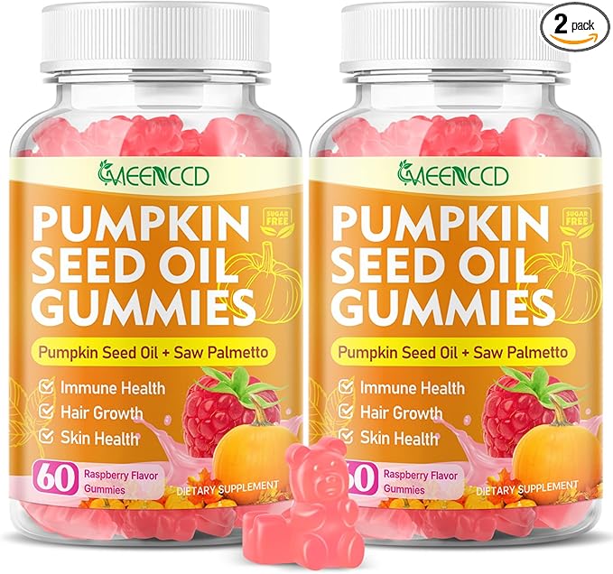 2 Pack Pumpkin Seed Oil Gummies with Saw Palmetto, Pumpkin Seed Oil for Hair and Skin Health, Pumpkin Seed Extract for Women Men, Sugar-Free, Raspberry Flavor, 120 Count