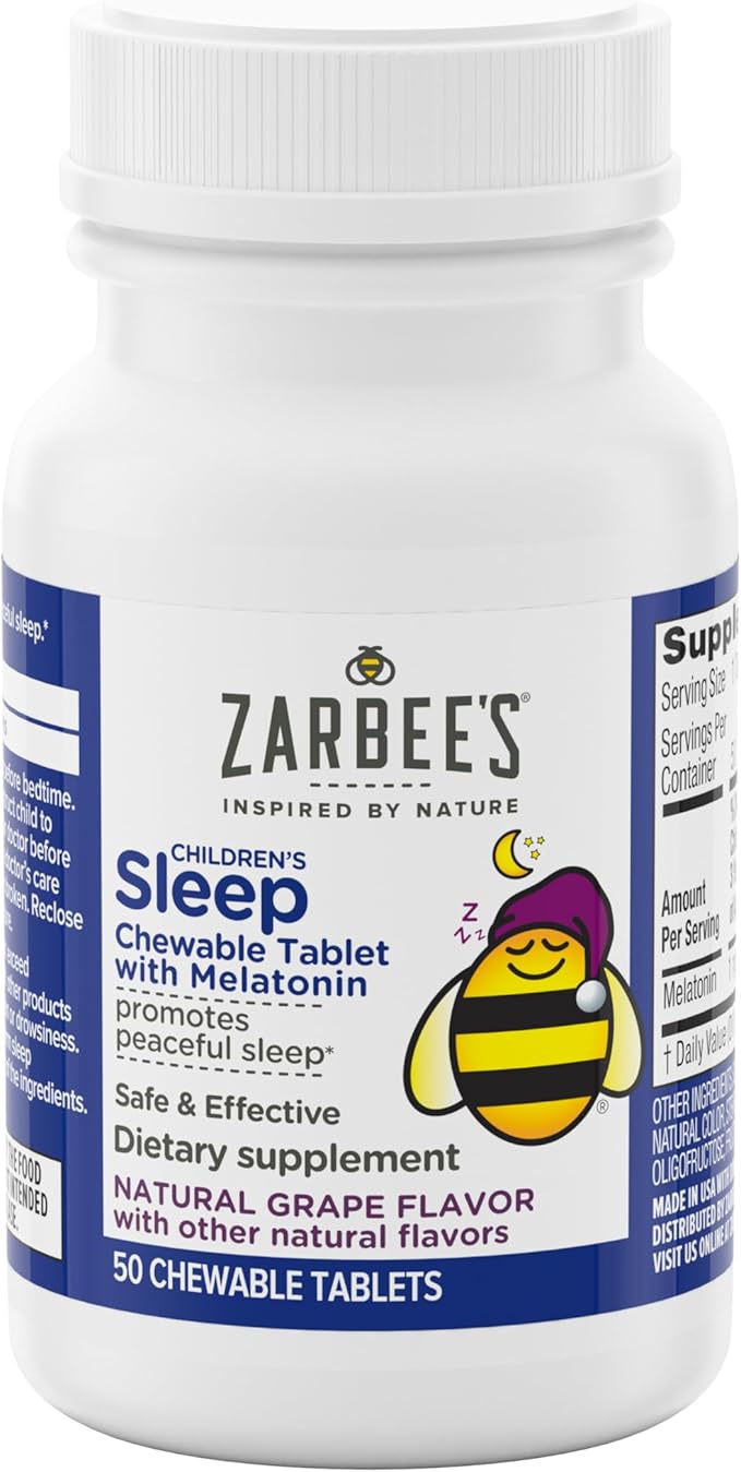 Zarbee's Kids Melatonin Chewable Tablet, 1mg Melatonin, Drug-Free & Effective Sleep Supplement, Natural Grape Flavor, No Artificial Sweeteners or Dyes, Gluten Free, Ages 3+, 50 ct