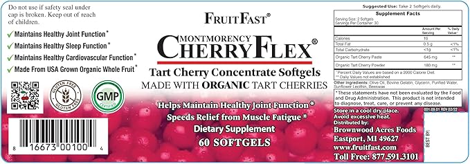 FruitFast CherryFlex 100% Red Tart Organic Cherry Concentrate Supplement - Chewable Softgel - 60 Count - Non-GMO and Gluten Free - Promotes Healthy Joint Function*