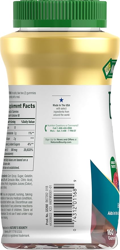 Nature's Bounty Vitamin B12 Gummies, Dietary Supplement, Supports Energy Metabolism and Nervous System Health, Mixed Berry Flavor, 500mcg, 160 Count (Pack of 3)