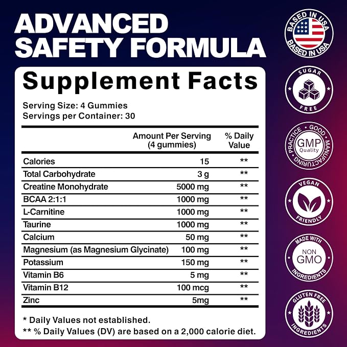Creatine Monohydrate Gummies for Men & Women, Gummies Sugar Free Mixed Flavored with L-Taurine, BCAA 2:1, B12 B6 for Boost Strength, Focus & Endurance, Vegan, Non-GMO, 120pcs