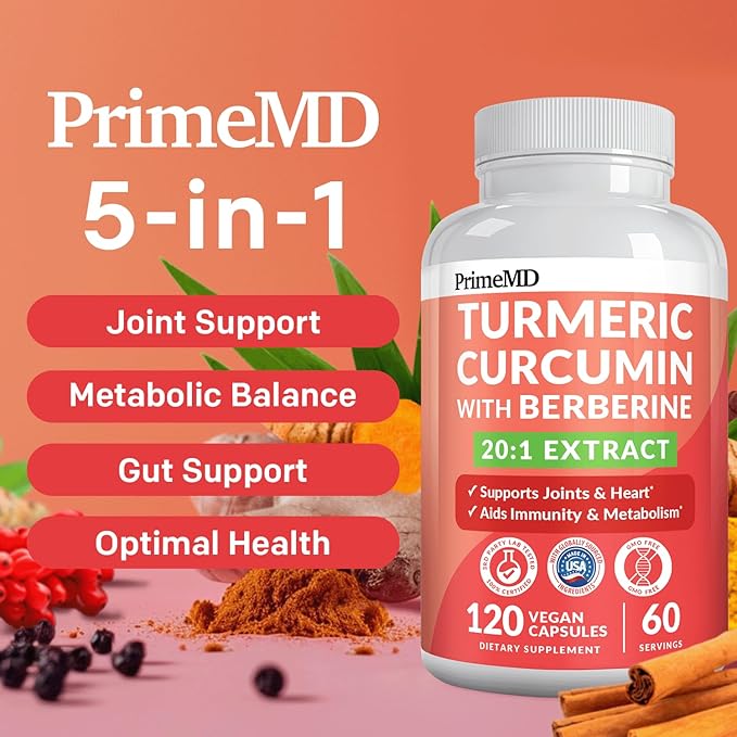 5-in-1 Organic Turmeric Curcumin Supplement (4210mg) with Berberine, Ceylon Cinnamon Bioperine and Ginger Supplements for Joint, Heart, Gut, & Metabolic Support (60 Servings)