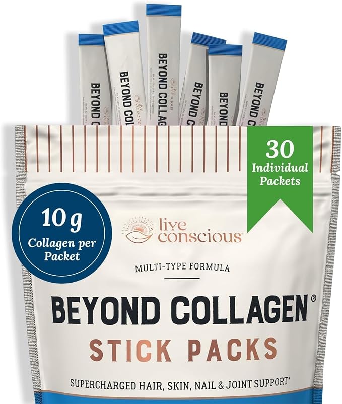Live Conscious Beyond Collagen Peptides Powder Unflavored Packets-Hydrolyzed Collagen Powder-Hair Skin Nail & Joint Support- I II III V & X Grass-Fed Collagen Supplements for Women & Men 30 Pack (2pk)