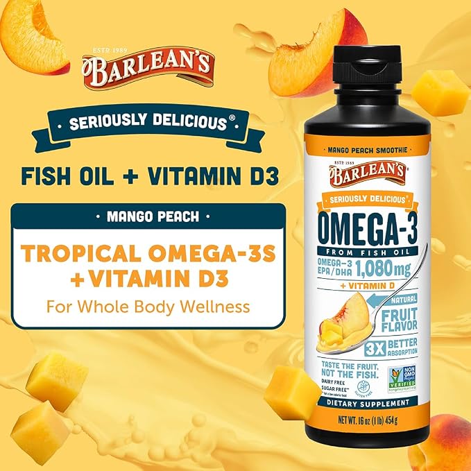 Barlean's Omega 3 Fish Oil Liquid Supplement with Vitamin D for Men and Women, 1080mg of EPA and DHA Fatty Acid, Promotes Brain & Heart Health - Non-GMO, Mango Peach, 16 oz