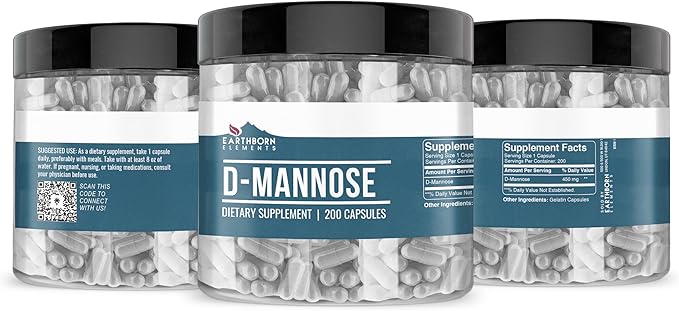 Earthborn Elements D-Mannose 200 Capsules, Pure & Undiluted, No Additives
