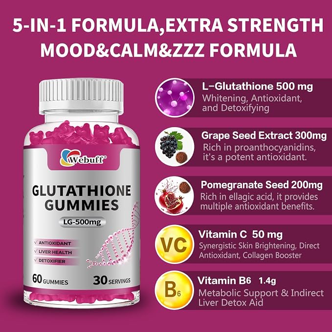 Glutathione Gummies with Collagen 500mg Vitamin C & B6 Skin Glow Hair & Nail Support Anti-Aging Antioxidant Sugar-Free Non-GMO Strawberry Flavor 60 Gummies (60 Count (Pack of 2))