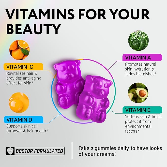 Biotin Gummies for Hair, Skin and Nails - Hair Growth Vitamins for Women & Men - Hair Loss Gummy Supplement with Extra Strength Biotin (Vitamin B7), Collagen, Keratin & DHT Blocker - 60 Chewable Bears