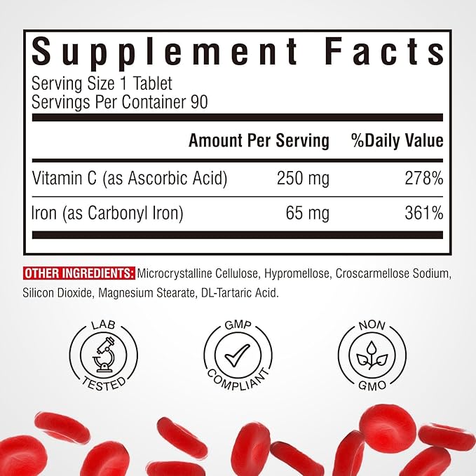 Iron Supplement, 65mg Carbonyl Iron with 250mg Vitamin C, Stomach Friendly Iron Pills for Blood Building Women & Men, High Absorption, No Nausea, No Constipation, Non-GMO, No Gluten, 90 Vegan Tabs