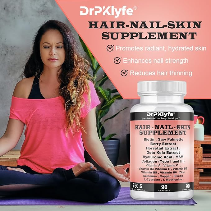 Hair, Nail and Skin Supplement Capsules:Biotin, Collagen, Collagen Peptides, Acid Hyaluronic, Biotin, Vitamin A, C, B5, B6 Saw Palmetto & More - 90 Capsules.