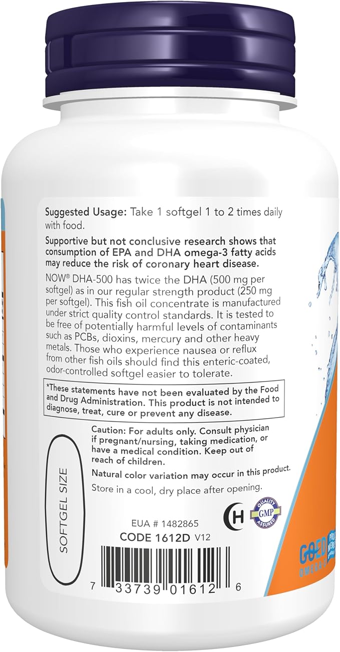 NOW Foods Supplements, DHA-500 with 250 EPA, Molecularly Distilled, Supports Brain Health*, 90 Softgels