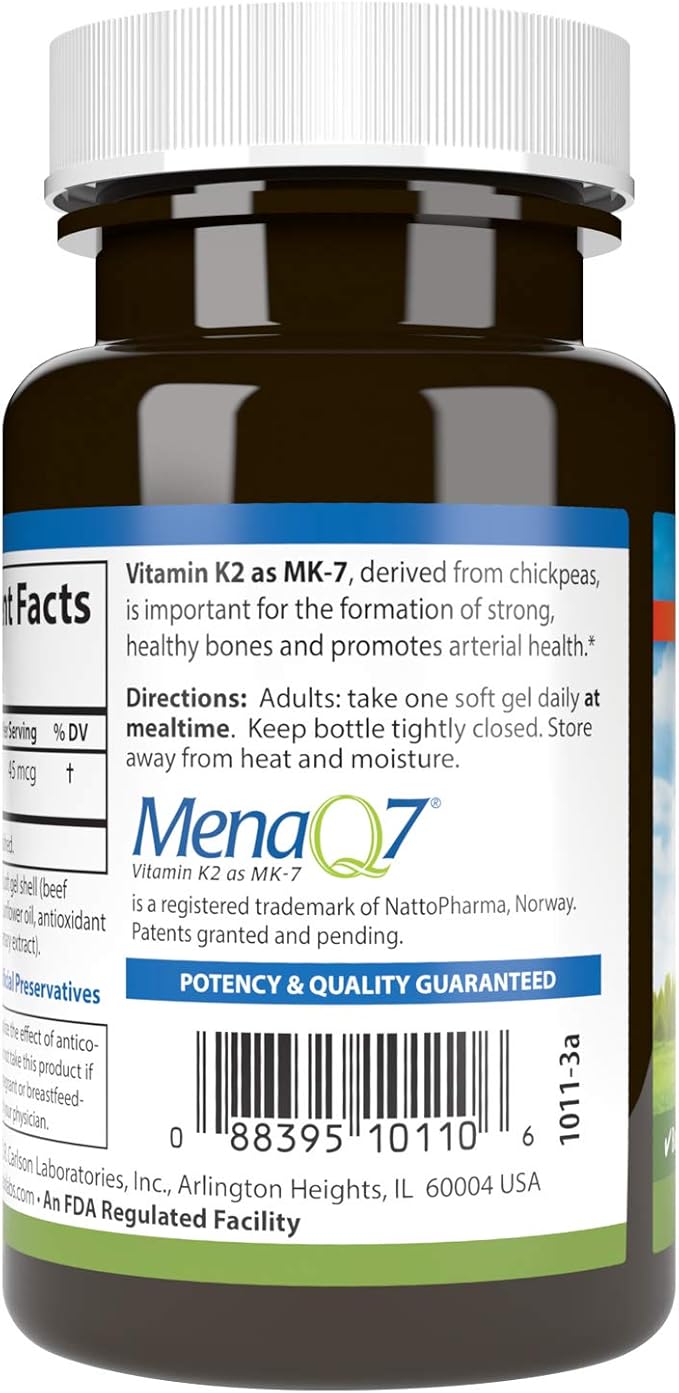 Carlson - Vitamin K2 MK-7 (Menaquinone), 45 mcg, Bone Support, Calcium Bioavailability, K2 Vitamin, Vitamin K-2, 90 Softgels