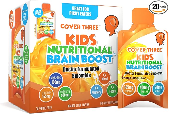 Cover Three Supplements for Kids Brain Supplement Smoothie, Omega 3 Liquid Childrens DHA Fish Oil, Kids Focus and Attention, Emotional Support, 20 Pouches, Pack 1