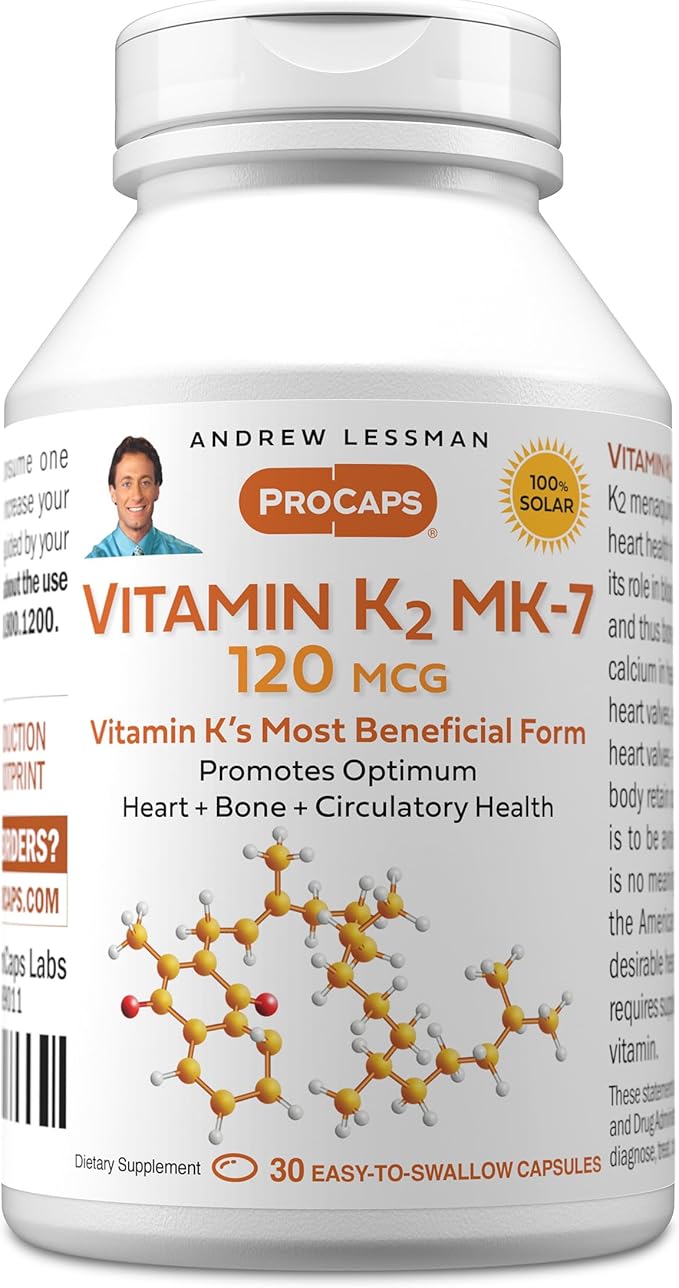 ANDREW LESSMAN Vitamin K2 MK7 120 mcg 30 Softgels - Essential for Healthy Calcium Utilization, Promotes Optimum Skeletal, Heart and Arterial Health. No Additives. Small Easy to Swallow Softgels