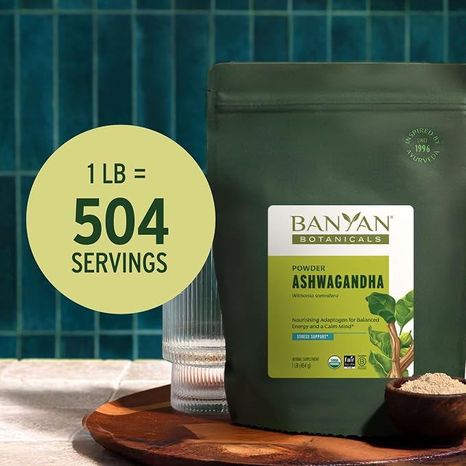 Banyan Botanicals Organic Ashwagandha Root Powder–1lb Bulk (504 Servings)Natural Cortisol Manager & Adrenal Support–Stress Relief, Better Sleep & Energy–Adaptogen for Smoothies & Moon Milk–Vegan,FFL*