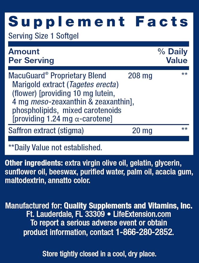 Life Extension MacuGuard Ocular Support with Saffron, 100 softgels