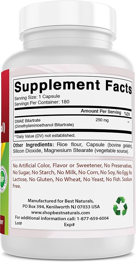 Best Naturals DMAE Supplement 250 mg & Vitamin B1 as Thiamine Mononitrate 100 mg
