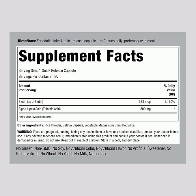 Piping Rock Alpha Lipoic Acid 300mg | Plus Biotin Optimizer | 80 Capsules | Non-GMO, Gluten Free Supplement