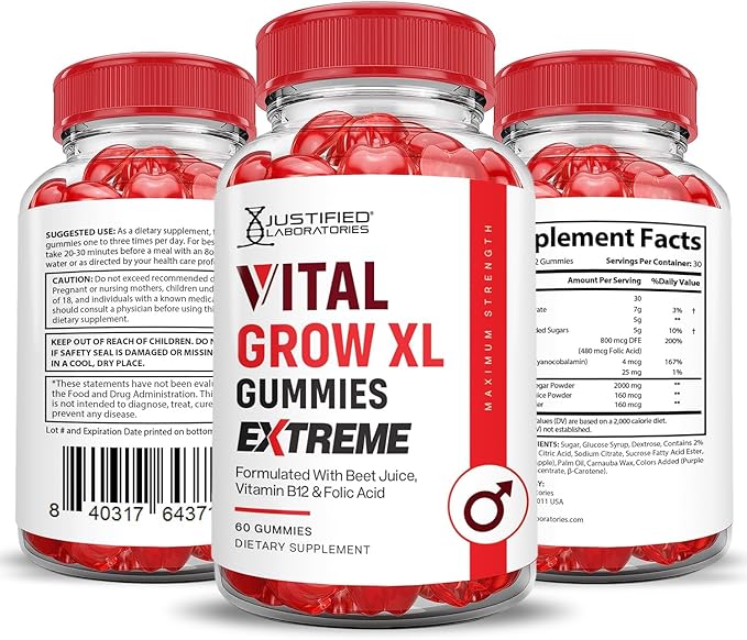 Justified Laboratories (2 Pack Vital Grow XL Extreme 2000MG Performance Gummies Advanced Formula Formulated with ACV Pomegranate Beet Juice Powder B12 Vegan Non GMO 120 Gummys