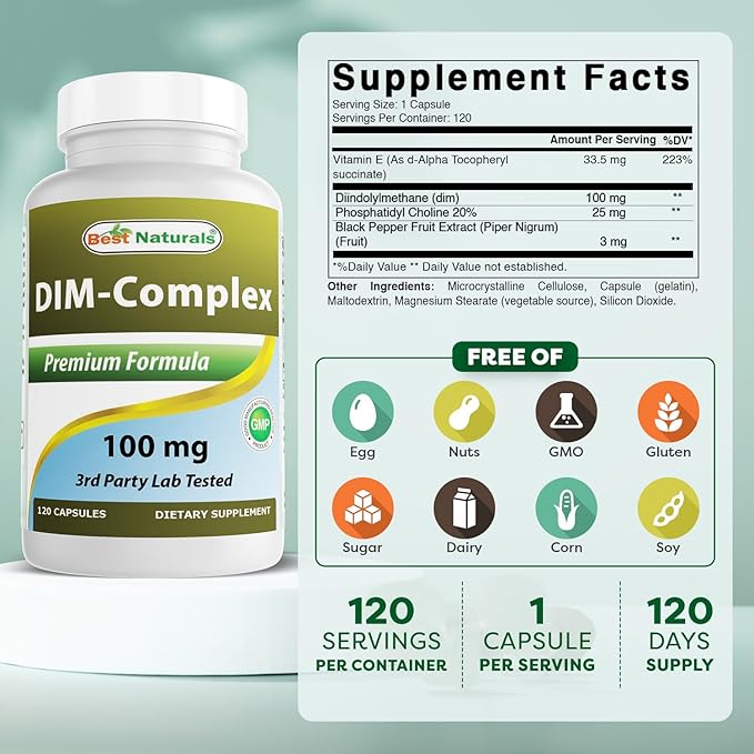 Best Naturals DIM Supplement 100 mg 120 Capsules, DIM for Estrogen Metabolism & Balance, For Menopause, Body Building, PCOS & Hormonal Acne