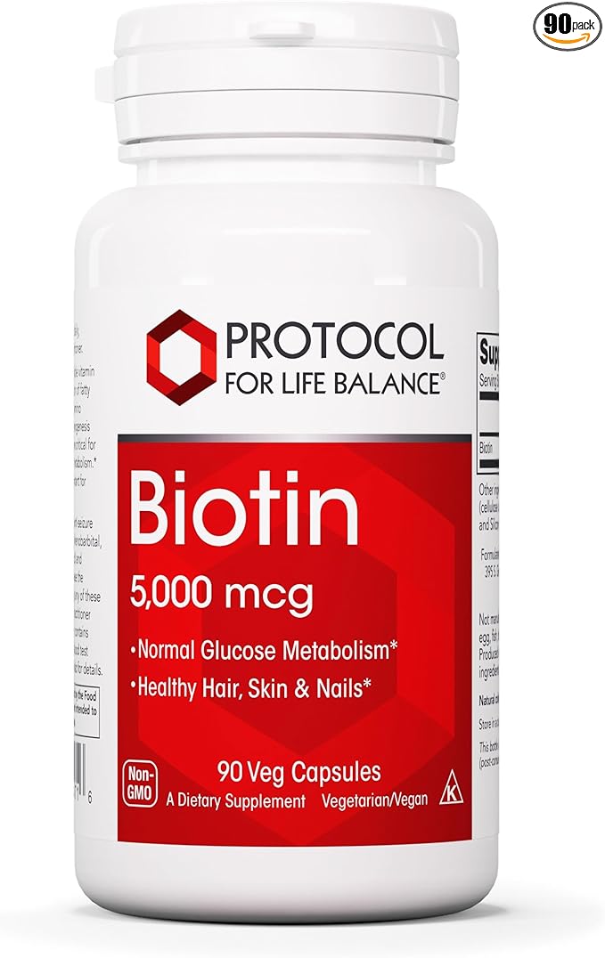PROTOCOL FOR LIFE BALANCE Biotin 5,000mcg - Vitamin B7 Supplement - Hair, Skin, Nails Support - for Carb Metabolism & Cell Growth - Biotin Vitamin B Capsules - 90 Veg Caps