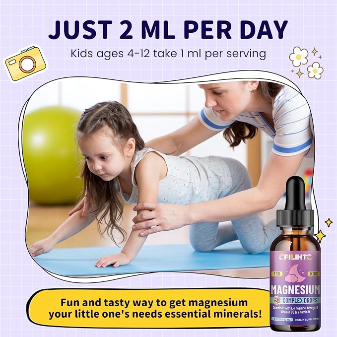 Kids Magnesium Liquid Drops-Magnesium Glycinate Liquid for Kids Supplement-w/L-theanine, Omega-3, Vitamin B6, D3 - for Sleep, Relaxation, Brain, Bones - Grape Flavor, 2 Fl Oz