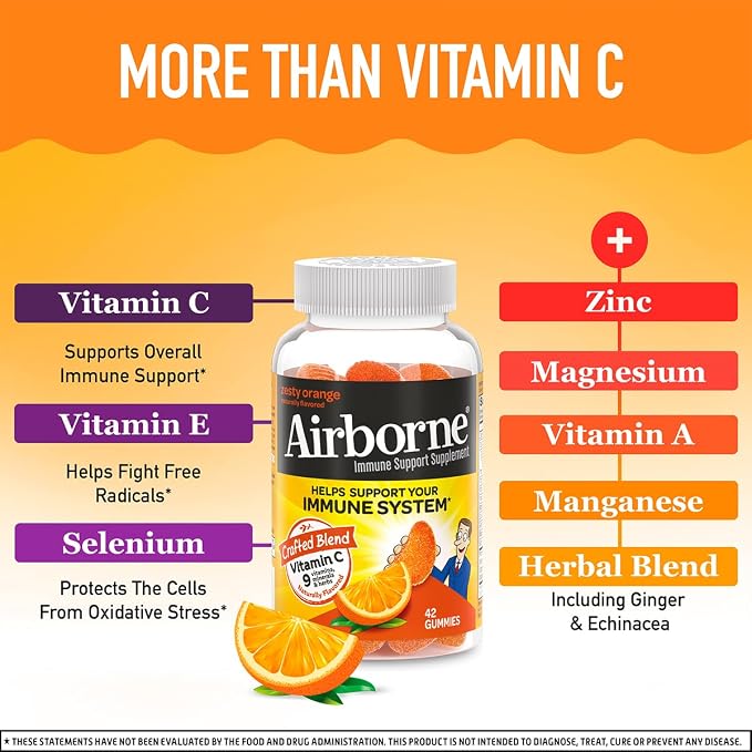 Airborne 750mg Vitamin C Immune Support Supplement Gummies for Adults, Zesty Orange Flavor, Gluten Free Crafted Blend with Powerful Antioxidants Vitamins C & E, 42 Gummies (3 Pack)