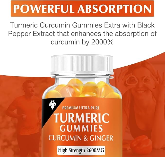 Turmeric Curcumin Gummies (6 Pack) - Turmeric Curcumin Supplements with Ginger & Black Pepper Gummies for Immune Muscle Support Healthy Skin - Vegan, Gluten Free, Low Sugar - for Adults