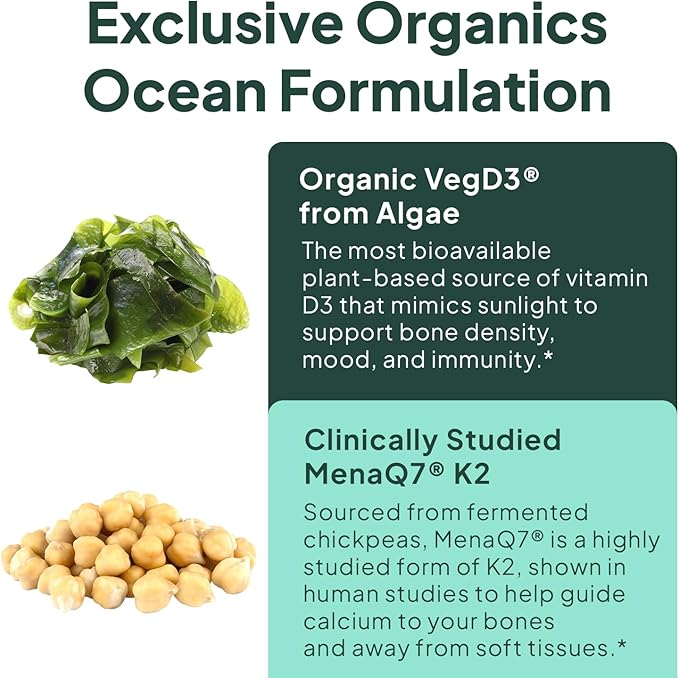 Organics Ocean Better D3 + K2-100% Organic VIT D3 and K2 Supplements with Maximum Bioavailability - Supports Bone Density, Calcium Balance, Immunity & Mood - 1-Pack, 30-Day Supply