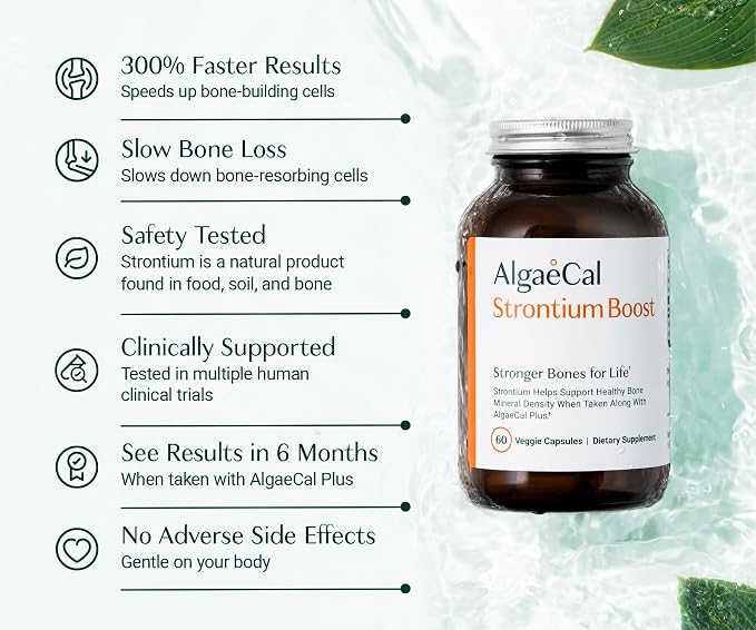 AlgaeCal - Strontium Boost, Natural Strontium Supplement for Bone Density Increase, Strontium Citrate 680 mg, Easy to Swallow for Bone Health & Bone Strength, Gluten-Free - Veggie Caps, 3 Month Supply