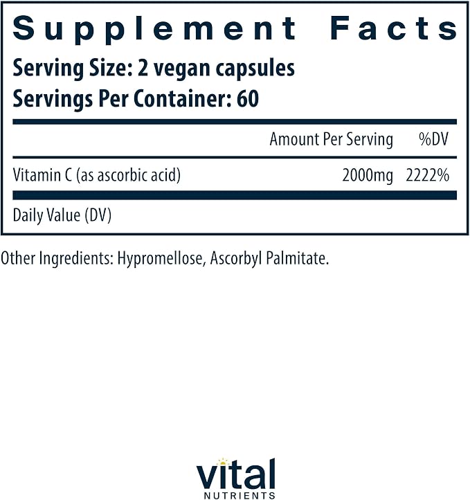Vital Nutrients Vitamin C 1000mg (100% Pure Ascorbic Acid) - Vegan Antioxidant Supplement for Immune Support and Iron Absorption* - Gluten, Dairy and Soy Free - Non-GMO - 120 Capsules