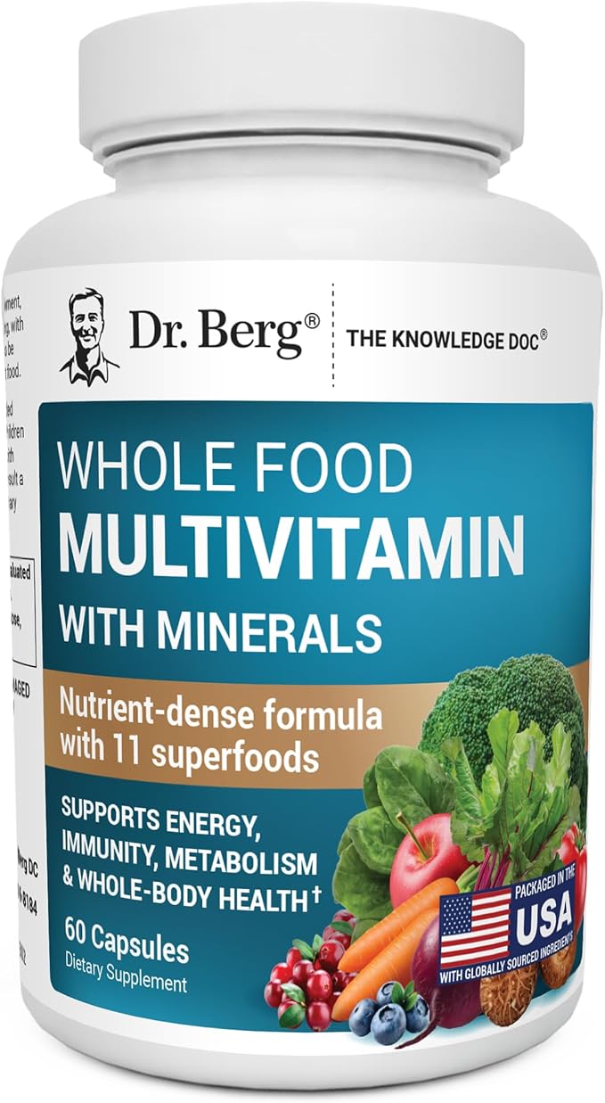 Dr. Berg Whole Food Multivitamin with Minerals - Daily Multivitamin for Men and Women - Includes Premium Whole Food Fruits and Vegetable Blend with Folate, Alpha-lipoic Acid and More - 60 Capsules