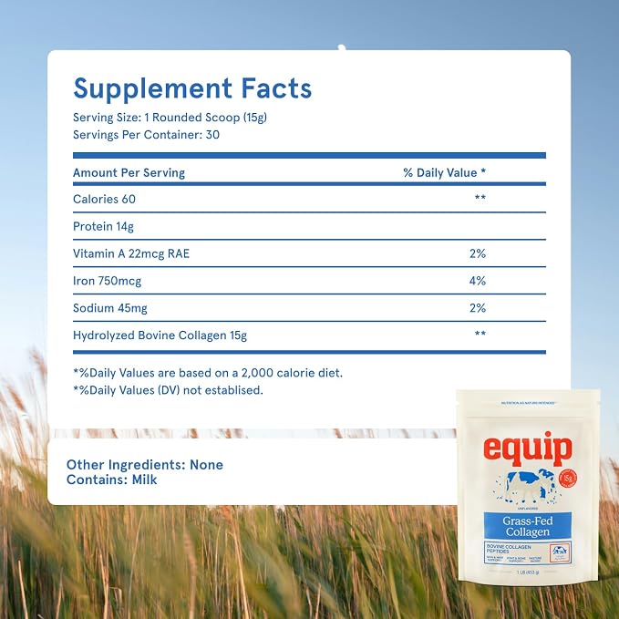 Equip Foods Grass Fed Collagen Powder | Hydrolyzed Bovine Collagen Peptides with Amino Acids | Prime Beef Collagen for Healthy Joints, Skin & Nails | Non-GMO, Paleo Friendly | 30 Servings, Unflavored