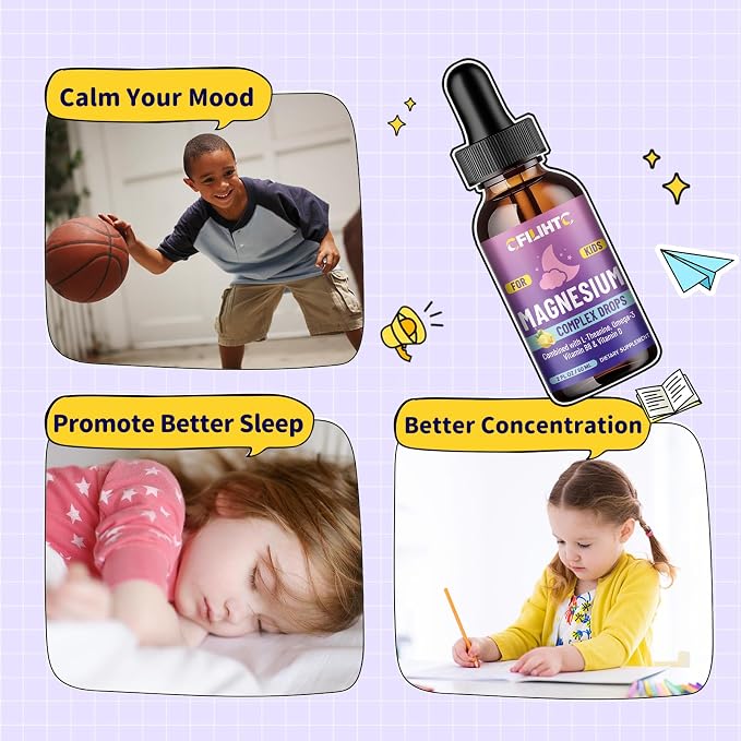 Kids Magnesium Liquid Drops-Magnesium Glycinate Liquid for Kids Supplement-w/L-theanine, Omega-3, Vitamin B6, D3 - for Sleep, Relaxation, Brain, Bones - Lemon Flavor, 4 Fl Oz