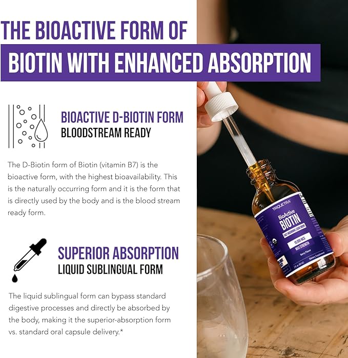 Liquid Biotin 10,000mcg Drops for Women – Organic USP Grade Dietary Supplement – High-Absorption Formula – Supports Healthy Hair, Skin & Nails – Natural Berry Flavor – 180 Servings, 2 oz