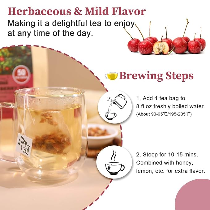 FullChea - Hawthorn Berry Tea Bags, 50 Count, Dried Hawthorn Berries | Pure hawthorn berry tea rich in natural antioxidants, Non-GMO caffeine-free, easy to brew hot daily